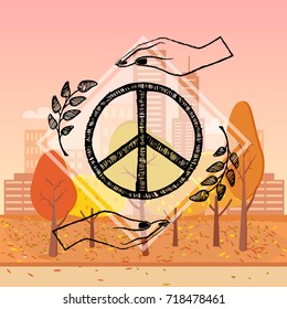 International peace day poster with two hands protecting sign of freedom vector illustration with olive branches on on autumn city park background