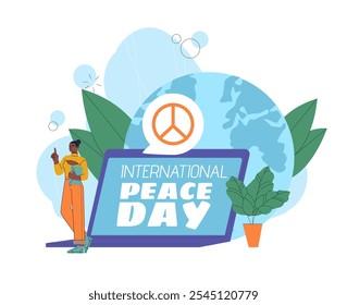 International peace day poster. Woman stands near laptop against backdrop of planet. Tolerance and unity, equality. Holiday and festival 21 september. Flat vector illustration