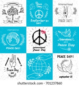 International peace day september 21 set of vector illustrations with doves, tree, hand gesturing peaceful sign, hands caring earth vector illustrations