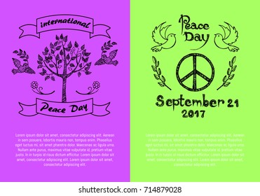 International Peace Day September 21 2017 words on two colorful posters. Vector illustrations contain trees, plants, dove birds, spikelets and hippie symbols