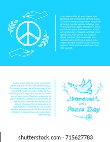 International peace day september 21, set of posters with images of hand gesture holding hippie sign with olive branch and flying dove vector