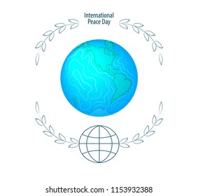 International peace day. September 21st. Background template for poster or Banner design. Peaceful planet Earth in a round frame of stylized branches. Vector illustration.