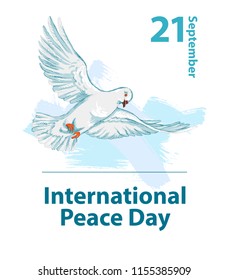 International peace day. September 21st. Hand drawing of a peace dove. Background template for poster or Banner design. Vector illustration.