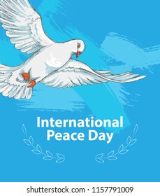 International peace day. September 21st. Hand drawing of a peace dove. Background template for poster or Banner design. Vector illustration.