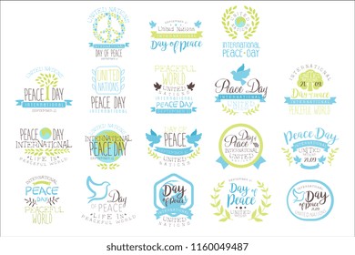 International Peace Day Set Of Label Designs In Pastel Colors