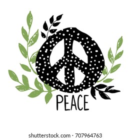 International peace day sign with florals, leafs and branches. Isolated hippie pacifist symbol.