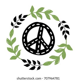 International peace day sign with florals, leafs and branches. Isolated hippie pacifist symbol.