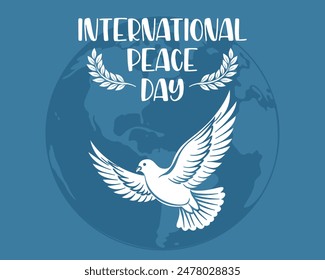 International peace day. Silhouette of a white dove against a background of blue sky with a globe. Illustration. Vector