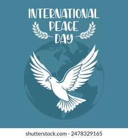 International peace day. Silhouette of a white dove against a background with a globe. Illustration. Vector