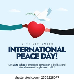 International Peace Day social media banner with hands holding heart and dove. Vector illustration. 21st September Peace Day awareness post.