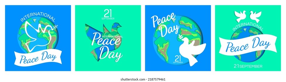 International Peace Day Square Banners Design Set  With Earth Planet And Dove For Social Media Vector Illustration Paper Cut Style
