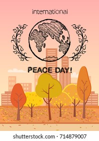 International Peace Day symbol with Earth surrounded by spikelets. Theme of vector illustration is autumn city with yellowed picturesque park