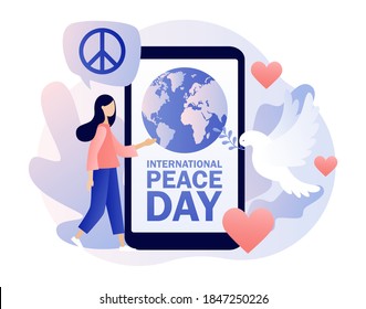 International Peace Day - text on smartphone screen. Globe, white pigeon and hippie sign as a peace symbol. Tiny people live in love, calm and harmony. Modern flat cartoon style. Vector illustration