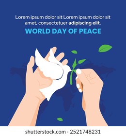 International peace day vector illuatration . Dove and hands and peaceful leaves.