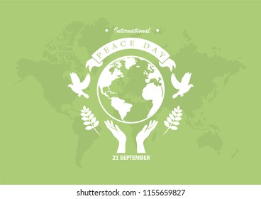 International peace day vector illustration. Vector background for International Day of peace. Concept illustration with dove of peace, olive branch and hand written text.