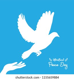 International peace day vector illustration. Vector background for International Day of peace. Concept illustration with dove of peace, olive branch and hand written text.