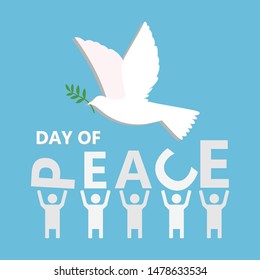international peace day vector illustration of white dove bird and five people on blue background.
