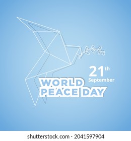 International peace day vector illustration of white origami dove bird with olive branch. Peace symbol background. World peace day banner.