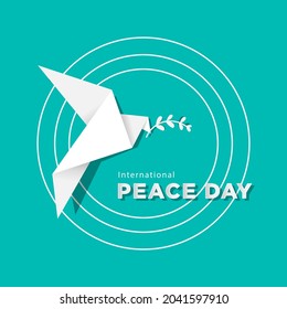 International peace day vector illustration of white origami dove bird with olive branch. Peace symbol background. World peace day banner.