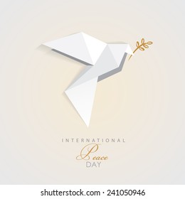 international peace day vector illustration of white origami dove bird with golden olive branch- peace symbol- flat design style