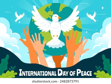 International Peace Day Vector Illustration with Hands, Pigeon, Globe, and Blue Sky to Promote Prosperity in the World in a Flat Cartoon Background