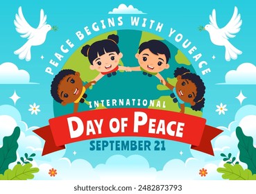 International Peace Day Vector Illustration with Hands, Pigeon, Globe, and Blue Sky to Promote Prosperity in the World in a Flat Cartoon Background