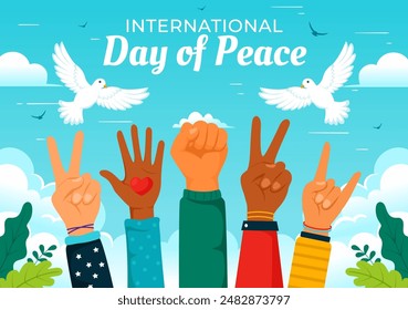 International Peace Day Vector Illustration with Hands, Pigeon, Globe, and Blue Sky to Promote Prosperity in the World in a Flat Cartoon Background