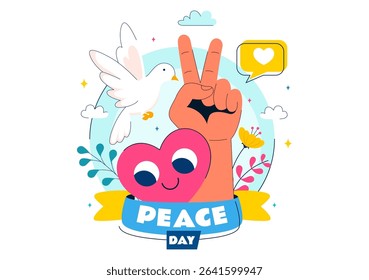 International Peace Day Vector Illustration Featuring Hands, Dove, Globe, and Blue Sky to Promote Prosperity Around the World in a Flat Background
