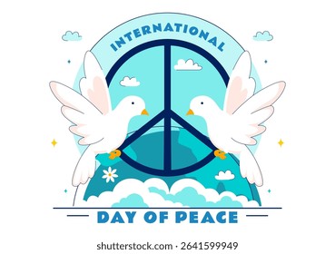 International Peace Day Vector Illustration Featuring Hands, Dove, Globe, and Blue Sky to Promote Prosperity Around the World in a Flat Background