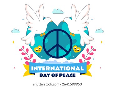 International Peace Day Vector Illustration Featuring Hands, Dove, Globe, and Blue Sky to Promote Prosperity Around the World in a Flat Background