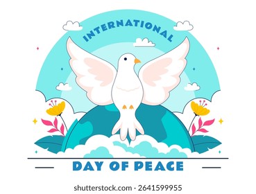 International Peace Day Vector Illustration Featuring Hands, Dove, Globe, and Blue Sky to Promote Prosperity Around the World in a Flat Background