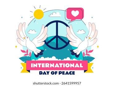 International Peace Day Vector Illustration Featuring Hands, Dove, Globe, and Blue Sky to Promote Prosperity Around the World in a Flat Background