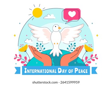 International Peace Day Vector Illustration Featuring Hands, Dove, Globe, and Blue Sky to Promote Prosperity Around the World in a Flat Background