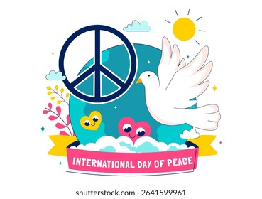 International Peace Day Vector Illustration Featuring Hands, Dove, Globe, and Blue Sky to Promote Prosperity Around the World in a Flat Background