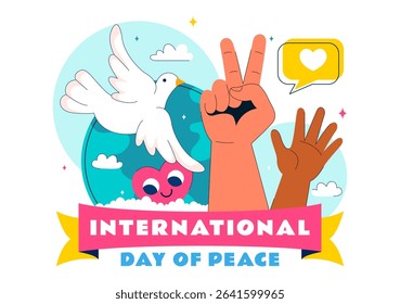 International Peace Day Vector Illustration Featuring Hands, Dove, Globe, and Blue Sky to Promote Prosperity Around the World in a Flat Background