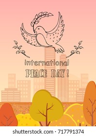 International peace day vector illustration with dove holding twig in beak. Pigeon with symbol of harmony and love on background of autumn city buildings