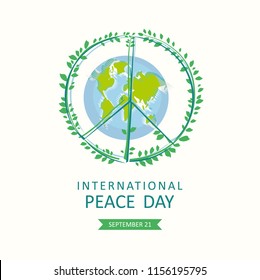 International Peace Day. Vector poster with Globe and the Symbol of Peace consists of green olive branches.