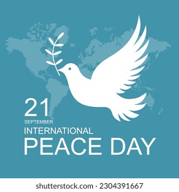 International Peace Day. Vector web banner, illustration, poster, card for social media, networks. Text International Peace Day, September 21. White dove with olive branch on blue background.