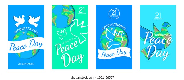 international peace day vertical banners set design with earth planet and dove for social media vector illustration paper cut