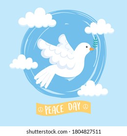 international peace day white pigeon holding branch flying sky clouds vector illustration