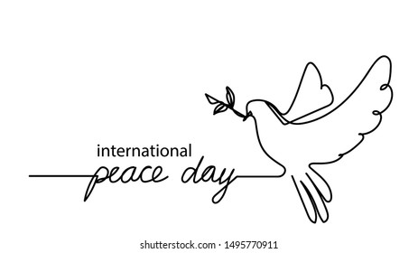 International peace day.Continuous line drawing. Lettering on white background. Peace dove sign. Olive branch. Vector holiday signature. Freedom sign. White dove bird. Dove icon.