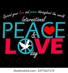 International Peace and Love Day event banner. Bold text with a red heart, peace bird, peace sign and sentence on black background to celebrate on July 7th