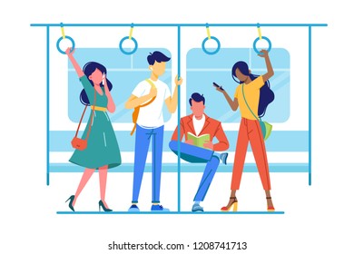 International People Go To Subway, Underground About Their Business. Concept Metro With Man And Woman, Students And Employee. Vector Illustration.