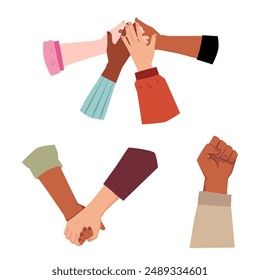 International people stick together vector flat illustrations set. Human rights, equality, community society tolerance. Cartoon demonstration held hands gesture, fist, shaking hands, cooperation