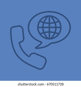 International phone call color linear icon. Handset with globe model inside speech bubble. Thin line outline symbols on color background. Vector illustration