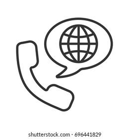 International phone call linear icon. Thin line illustration. Handset with globe model inside speech bubble. Contour symbol. Vector isolated outline drawing