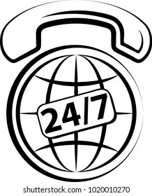International Phone Support Icon, Responsive 24/7, Twenty Four Hours A Day Throughout The Year Vector Art Illustration