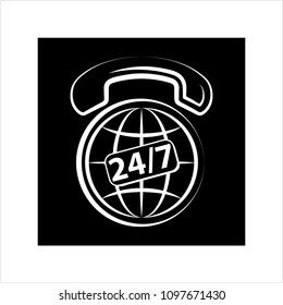 International Phone Support Icon, Responsive 24/7, Twenty Four Hours A Day Throughout The Year Vector Art Illustration