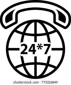 International Phone Support Icon, Responsive 24/7, Twenty Four Hours A Day Throughout The Year Vector Art Illustration