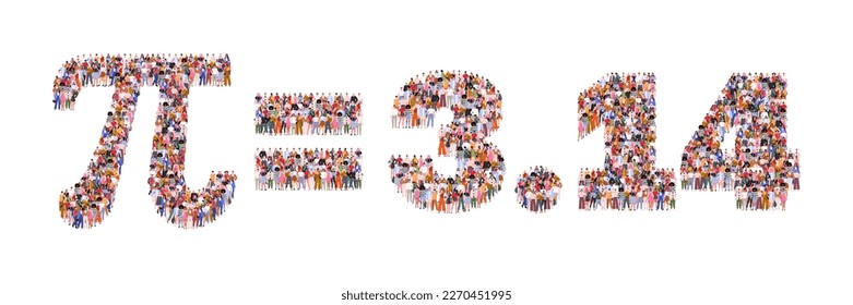 International Pi day March 14. Large group of people in number Pi 3.14 form. Numbers made of people. A crowd of male and female characters. Flat vector illustration isolated on white background.
